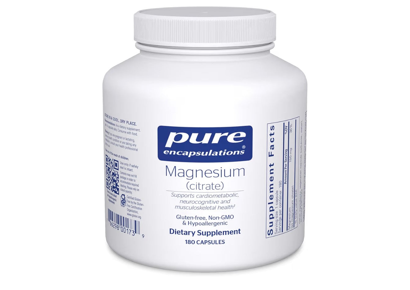 Pure Encapsulations Magnesium (Citrate) - Supplement for Sleep, Heart Health, Cognitive Health, Bone Health, Energy, Muscles, and Metabolism* - with Premium Magnesium - 180 Capsules