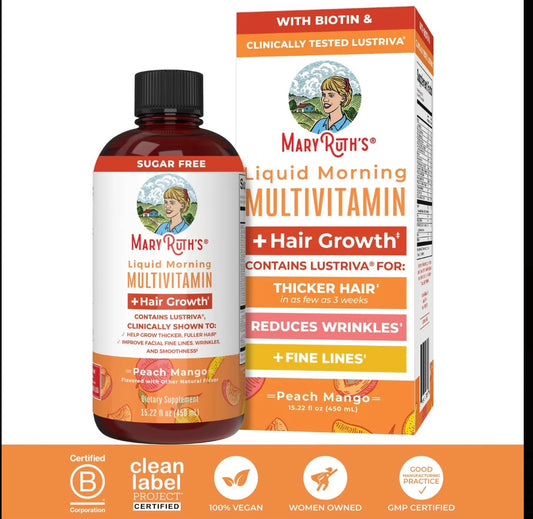 MaryRuth's Liquid Multivitamin + Hair Growth - Clinically Tested Lustriva for Thicker Hair in Women - Improve Facial Wrinkles - Vegan - 15.22 Fl Oz
