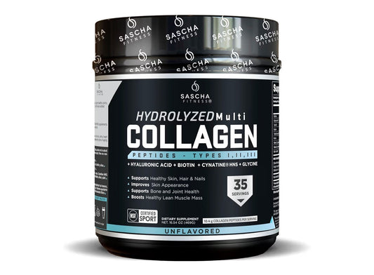 SASCHA FITNESS Hydrolyzed Multi Collagen Peptides Tipes 1,2 & 3 |Hyaluronic Acid|Biotin |Cynatine HSN|Vitamin C & E |for Hairs, Skin & Bone Support| Unflavored