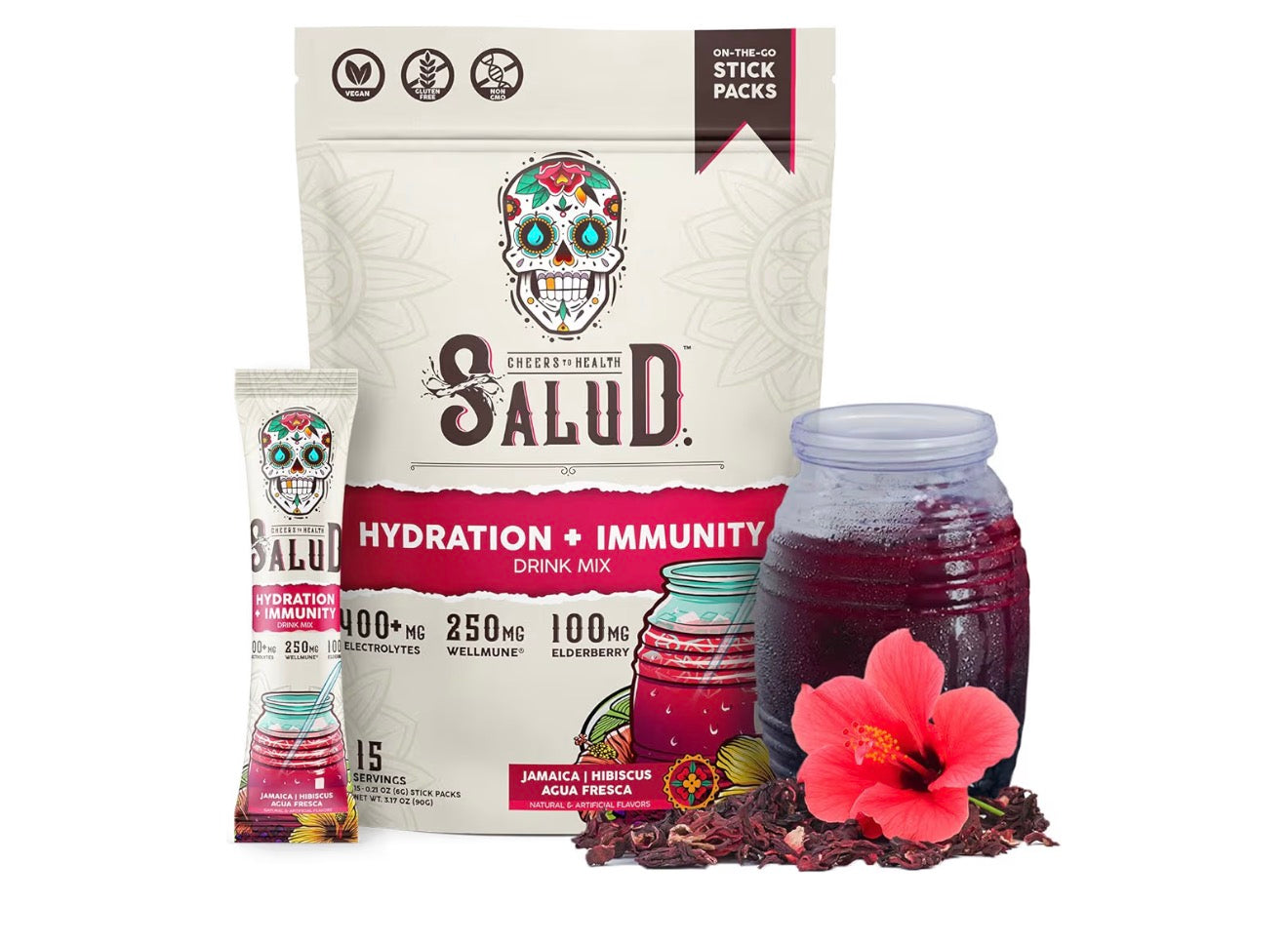 Salud 2-in-1 Hydration Packets + Immunity Electrolytes Powder, Hibiscus - Jamaica Agua Fresca Drink Mix, Elderberry, Dairy & Soy
Free, Non-GMO, Gluten Free, Vegan, Low Calorie, 1g Sugar (15
Servings)
