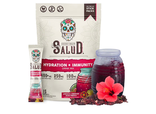 Salud 2-in-1 Hydration Packets + Immunity Electrolytes Powder, Hibiscus - Jamaica Agua Fresca Drink Mix, Elderberry, Dairy & Soy
Free, Non-GMO, Gluten Free, Vegan, Low Calorie, 1g Sugar (15
Servings)